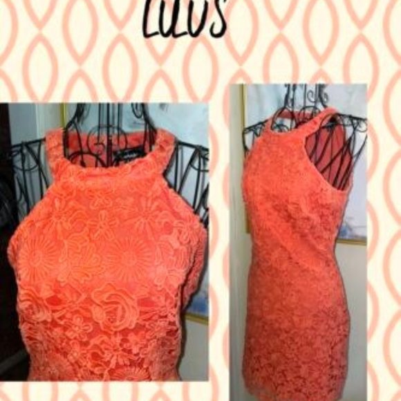 LULUS ORANGE FLORAL LACE COVERED HALTER DRESS~SIZE X SMALL - Picture 1 of 5
